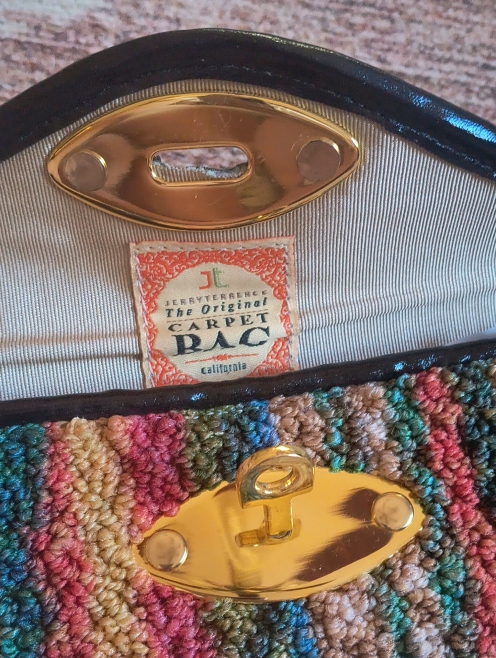RARE 1960s Jerry Terrence Carpet Bag Clutch Purse with Original JT Vacuum Charm